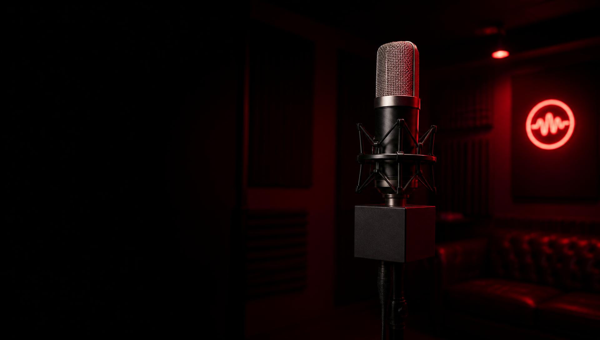 Studio microphone with an Outlet NYC mic flag in front of a glowing Plug Studios NYC neon sign