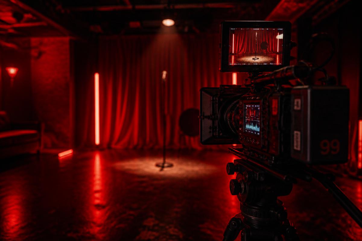 Cinema camera filming the red performance room at Plug Studios NYC